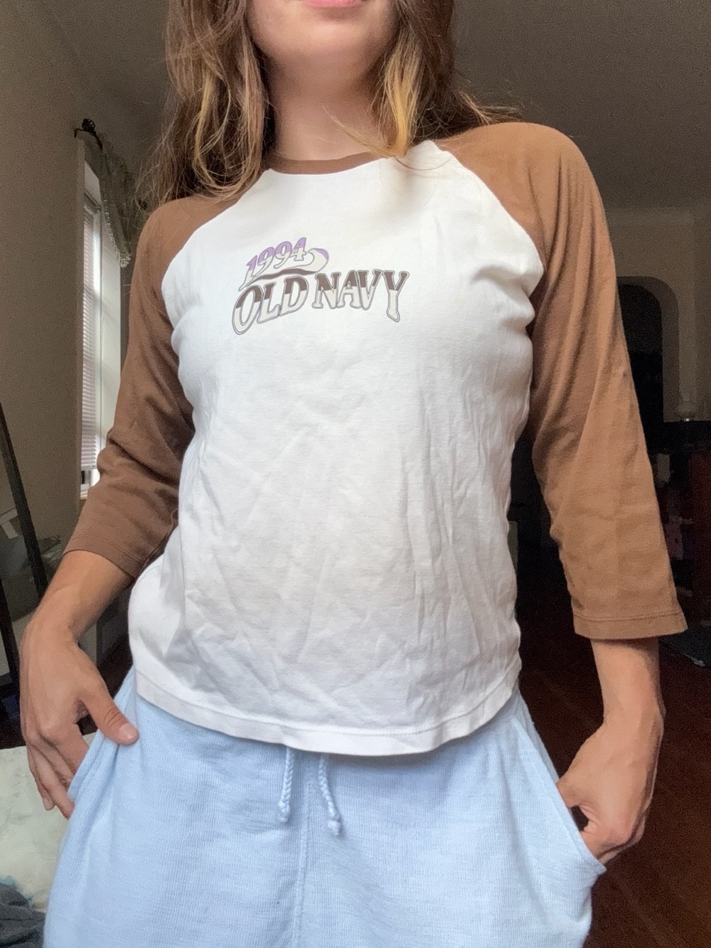 Old Navy White and Brown Raglan 1994 Graphic Long Sleeve Tee